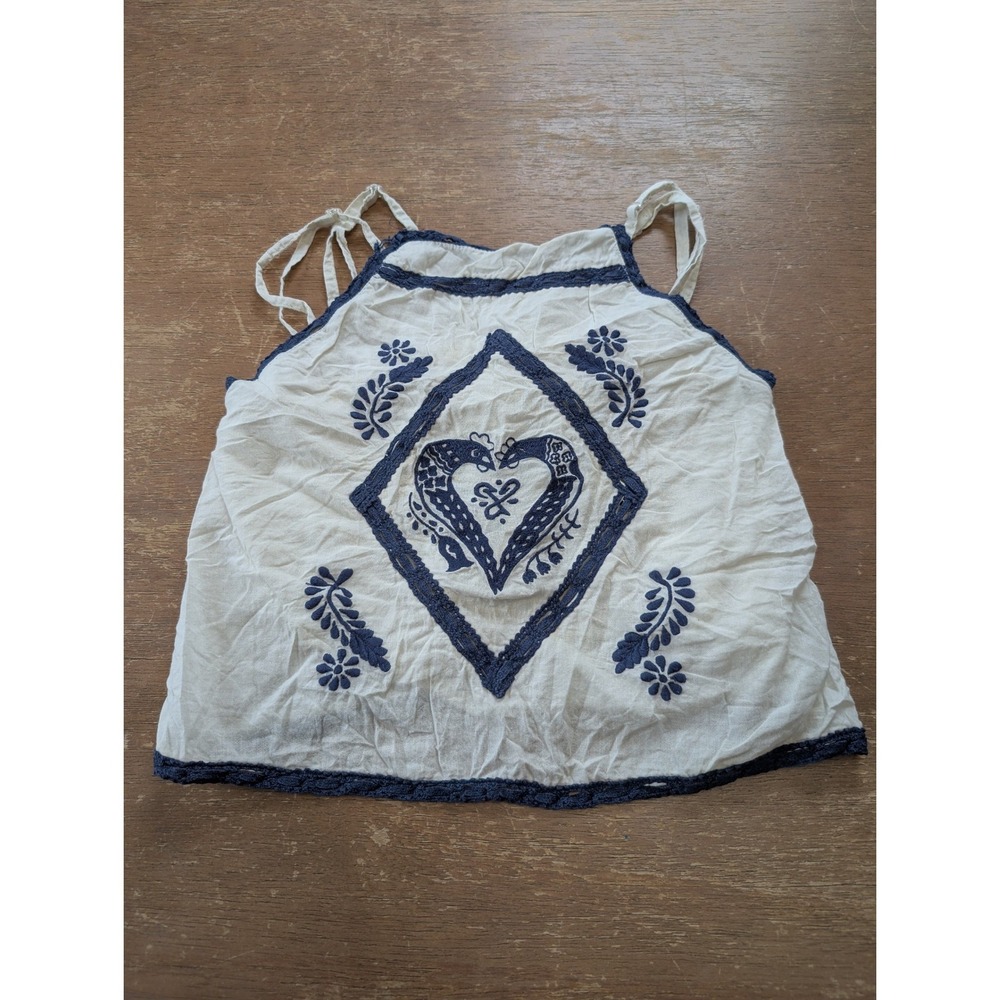 Tuchinda Kids White Cotton Embroidered Boho‎ Camisole Top Blue Heart Bird size 6